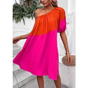 KIRUNDO Womens 2024 Summer Casual One Shoulder Mini Babydoll Dress Color Block Puff Sleeve Loose Tiered Flowy Short Dresses(Dark Blue+Light Blue, Large)