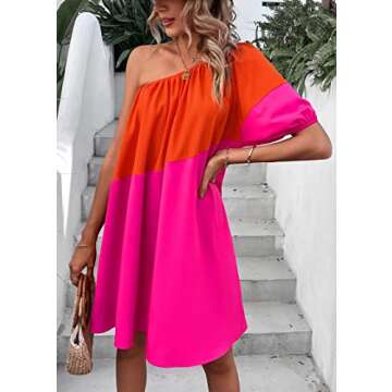 KIRUNDO Womens 2024 Summer Casual One Shoulder Mini Babydoll Dress Color Block Puff Sleeve Loose Tiered Flowy Short Dresses(Dark Blue+Light Blue, Large)