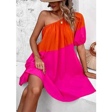 KIRUNDO Womens 2024 Summer Casual One Shoulder Mini Babydoll Dress Color Block Puff Sleeve Loose Tiered Flowy Short Dresses(Dark Blue+Light Blue, Large)