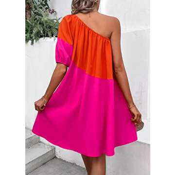 KIRUNDO Womens 2024 Summer Casual One Shoulder Mini Babydoll Dress Color Block Puff Sleeve Loose Tiered Flowy Short Dresses(Dark Blue+Light Blue, Large)