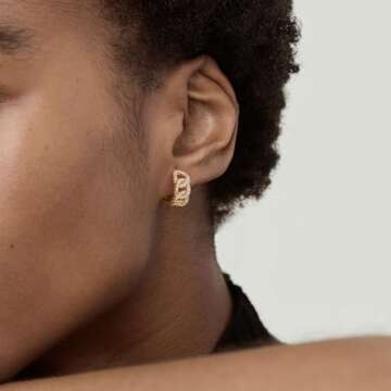 BENEIGE Dainty Huggie Hoop Earrings 14K Gold Plated Cubic Zirconia Link Huggie Earrings CZ Geometric Handmade Sleeper Hoop Earrings for Womens Jewelry Gift