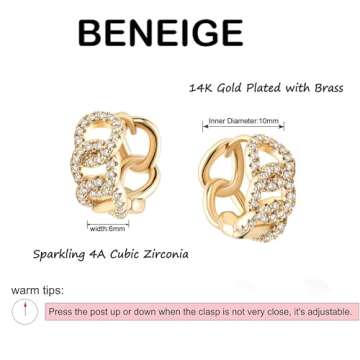 BENEIGE Dainty Huggie Hoop Earrings 14K Gold Plated Cubic Zirconia Link Huggie Earrings CZ Geometric Handmade Sleeper Hoop Earrings for Womens Jewelry Gift