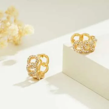 BENEIGE Dainty Huggie Hoop Earrings 14K Gold Plated Cubic Zirconia Link Huggie Earrings CZ Geometric Handmade Sleeper Hoop Earrings for Womens Jewelry Gift