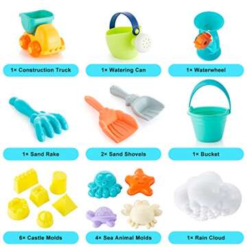 Beach Toys, Sand Toys Set Including Sand Water Wheel, Bucket, Shovels, Sifter, Molds, Rakes and Shov...