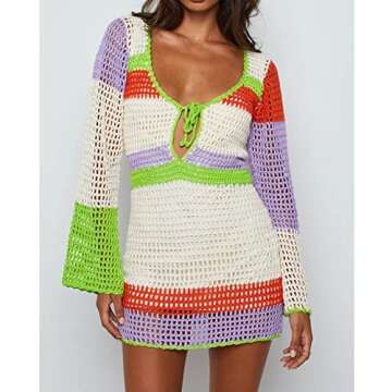 Fabumily Women Crochet Knit Mini Dress Long Sleeve Colorful Mesh Cover Ups Casual Sweater Dress Summ...