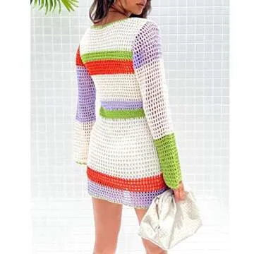 Fabumily Women Crochet Knit Mini Dress Long Sleeve Colorful Mesh Cover Ups Casual Sweater Dress Summer Beach Wear (B- White, S)