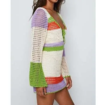 Fabumily Women Crochet Knit Mini Dress Long Sleeve Colorful Mesh Cover Ups Casual Sweater Dress Summer Beach Wear (B- White, S)