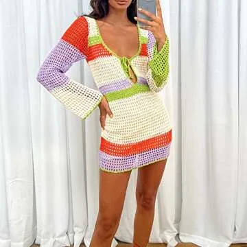 Fabumily Women Crochet Knit Mini Dress Long Sleeve Colorful Mesh Cover Ups Casual Sweater Dress Summer Beach Wear (B- White, S)