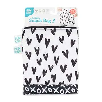Bumkins Reusable Sandwich and Snack Bags, for Kids School Lunch and for Adults Portion, Washable Fabric, Waterproof Cloth Zip Bag, Travel Pouch, Food-Safe Storage, Large 2-pk Hearts and XOXO