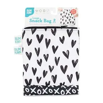 Bumkins Reusable Sandwich and Snack Bags, for Kids School Lunch and for Adults Portion, Washable Fabric, Waterproof Cloth Zip Bag, Travel Pouch, Food-Safe Storage, Large 2-pk Hearts and XOXO
