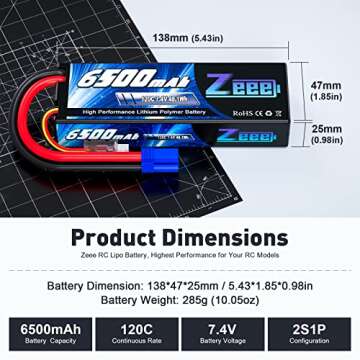 Zeee 2S Lipo Battery 6500mAh 7.4V 120C Hard Case RC Car Battery with EC5 Connector for RC Vehicles R...