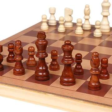 Sterling Games Chess, Checkers, Backgammon Game 3 in 1 Combo Set | 15 inch Wooden Folding Chess Board Game Set for Kids and Adults