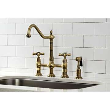 Kingston Brass KS1273AXBS Heritage 8-Inch Kitchen Bridge Faucet with Brass Sprayer, Antique Brass, 8-3/4-Inch