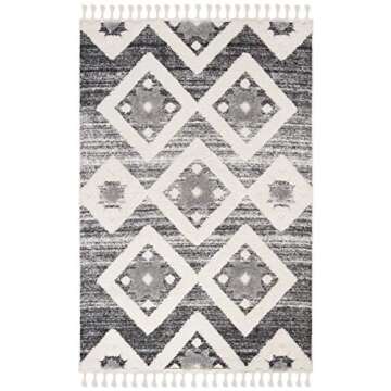 SAFAVIEH Moroccan Tassel Shag Collection Accent Rug - 4' x 6', Grey & Ivory, Boho Design, Non-Sheddi...