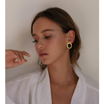 Aprilery Chunky Gold Earrings for Women, Trendy Vintage 14K Gold Plated Black Cubic Zirconia Enamel Stud Statement Earrings Dupes Jewelry for Women Gifts for Her (Black Flower)