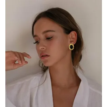 Aprilery Chunky Gold Earrings for Women, Trendy Vintage 14K Gold Plated Black Cubic Zirconia Enamel Stud Statement Earrings Dupes Jewelry for Women Gifts for Her (Black Flower)