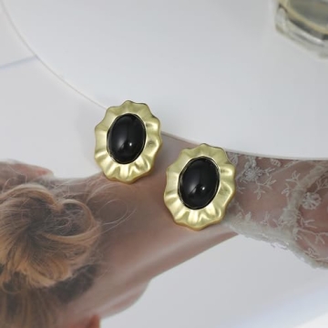 Aprilery Chunky Gold Earrings for Women, Trendy Vintage 14K Gold Plated Black Cubic Zirconia Enamel Stud Statement Earrings Dupes Jewelry for Women Gifts for Her (Black Flower)