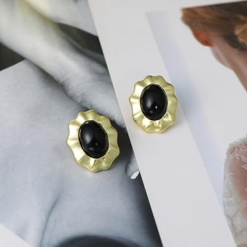 Aprilery Chunky Gold Earrings for Women, Trendy Vintage 14K Gold Plated Black Cubic Zirconia Enamel Stud Statement Earrings Dupes Jewelry for Women Gifts for Her (Black Flower)