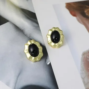 Aprilery Chunky Gold Earrings for Women, Trendy Vintage 14K Gold Plated Black Cubic Zirconia Enamel Stud Statement Earrings Dupes Jewelry for Women Gifts for Her (Black Flower)