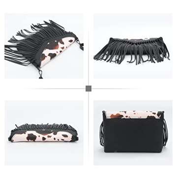 Oweisong Fringe Crossbody Purse for Women Western Cowgirl Purse Leather Tassel Fanny Packs Black Shoulder Handbags