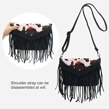 Oweisong Fringe Crossbody Purse for Women Western Cowgirl Purse Leather Tassel Fanny Packs Black Shoulder Handbags