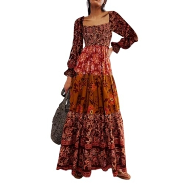 Women Spring Dresses Flowy Smocked Maxi Dress Long Sleeve Square Neck Boho Dresses Y2k Floral Party ...