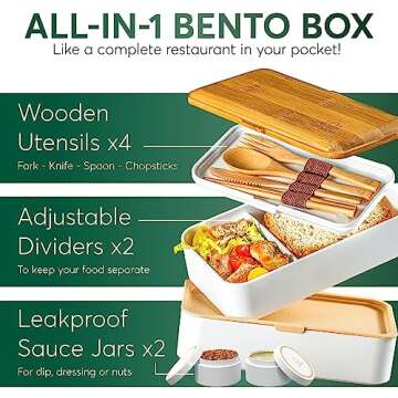 Umami Bento Box Adult All-In-1 w/4 Utensils, 2 Sauce Jars 2 Dividers, Bamboo Lid, 100% Leakproof, Microwave & Dishwasher Safe Stackable Bento Lunch Box Containers for Men/Women, White & Tan, 40 oz