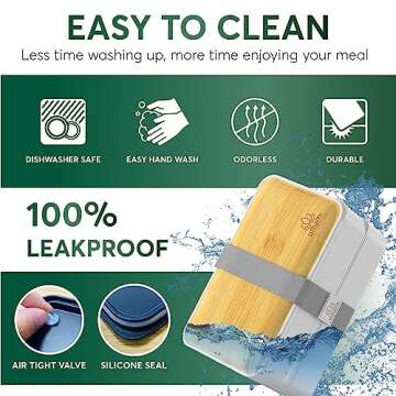 Umami Bento Box Adult All-In-1 w/4 Utensils, 2 Sauce Jars 2 Dividers, Bamboo Lid, 100% Leakproof, Microwave & Dishwasher Safe Stackable Bento Lunch Box Containers for Men/Women, White & Tan, 40 oz