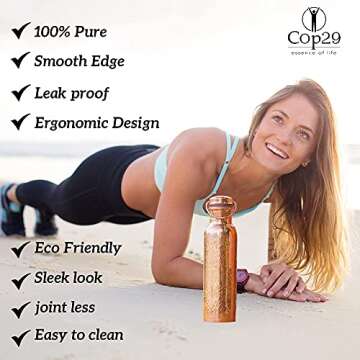 Cop29 Dual Hammered + Hand Engraved Premium Design Pure Copper Mira Glossy Water Bottle with Handle : An Ayurvedic Copper Vessel - 900ml/30oz