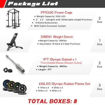 RitFit Squat Rack Power Cage Home Gym Package, Includes 1000LBS Power Rack with Cable Crossover System, Weight Bench, Weight Plate Set with Olympic Barbell (Package 1.6K (Bumper Plate 230LBS))-Black