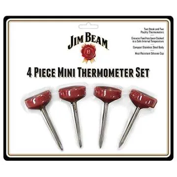 Jim Beam, Pack of 4 Poultry Meat, Instant Read Food Stainless Steel Dial Mates Barbecue BBQ Tools, Grilling and Baking Steak Thermometers, Set of 4, Mini, Red, (JB0134-1)