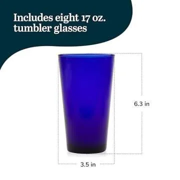 Libbey Cobalt Blue Drinking Glasses, Classic Design Flare Tumbler Glasses Set of 8, Dishwasher Safe Glass Drinking Glasses for Beverages