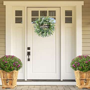 Sggvecsy Green Artificial Eucalyptus Wreath with Welcome Sign 20in Mixed White Berries Spring Summer Wreath for Front Door Wall Window Farmhouse Festival Porch Patio Garden Decor