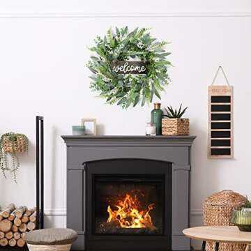 Sggvecsy Green Artificial Eucalyptus Wreath with Welcome Sign 20in Mixed White Berries Spring Summer Wreath for Front Door Wall Window Farmhouse Festival Porch Patio Garden Decor