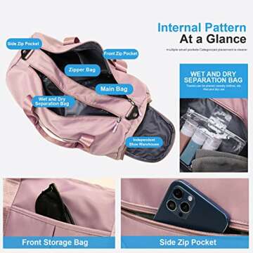 ZGWJ Sports Gym Bag with Wet Pocket & Shoes Compartment, Waterproof Shoulder Weekender Bag for Women and Men Swim Sports Travel Gym Bag Lightweight and easy Carry on Pink