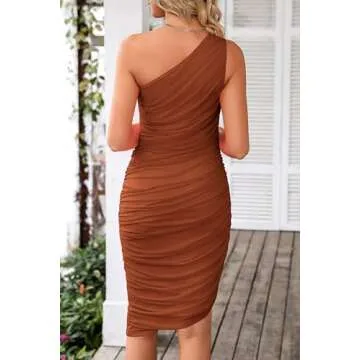 PRETTYGARDEN Women's Ruched Bodycon Dress Summer One Shoulder Sleeveless Party Cocktail Wedding Gues...