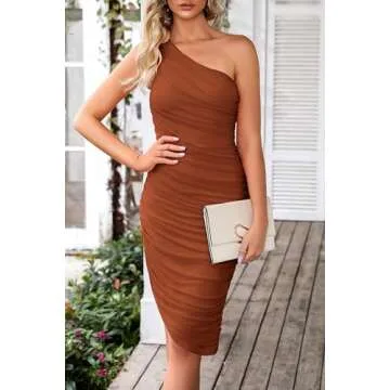 PRETTYGARDEN Women's Ruched Bodycon Dress Summer One Shoulder Sleeveless Party Cocktail Wedding Guest Pencil Dresses (Caramel,Medium)