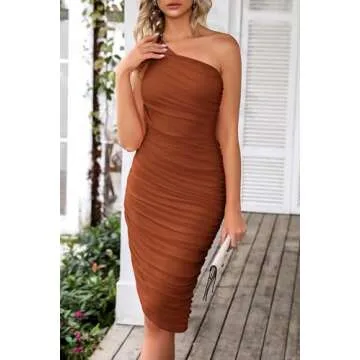 PRETTYGARDEN Women's Ruched Bodycon Dress Summer One Shoulder Sleeveless Party Cocktail Wedding Guest Pencil Dresses (Caramel,Medium)