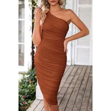 PRETTYGARDEN Women's Ruched Bodycon Dress Summer One Shoulder Sleeveless Party Cocktail Wedding Guest Pencil Dresses (Caramel,Medium)
