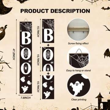 Vanleonet Halloween Porch Sign Boo Sign for Front Porch,Wooden Vertical Welcome Sign for Front Door Yard Standing Signs, Halloween Farmhouse Outdoor Indoor Welcome Sign Wall Decor, 47.2"H