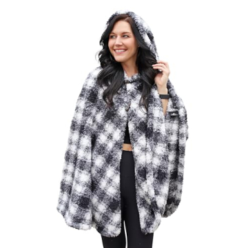 Catalonia Women's Hooded Poncho Cape - Warm Sherpa Fleece Cloak in Plaid White