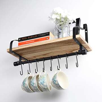 TJ.MOREE Floating Rustic Shelf with 8 Hooks for Storage