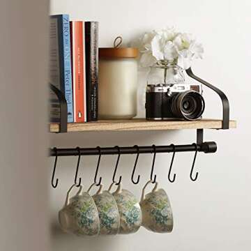 TJ.MOREE Floating Rustic Shelf with 8 Hooks for Storage