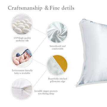 HISEN HOME 100% Silk Pillowcase for Hair and Skin, 100% Mulberry Silk Pillow Cases Both Side 19 Momme Pillow Protectors Bed Pillowcase with Hidden Zipper, Standard Size Pillow Cases - White