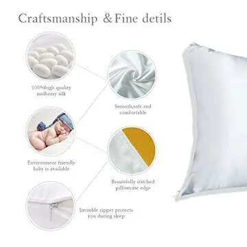 HISEN HOME 100% Silk Pillowcase for Hair and Skin, 100% Mulberry Silk Pillow Cases Both Side 19 Momme Pillow Protectors Bed Pillowcase with Hidden Zipper, Standard Size Pillow Cases - White