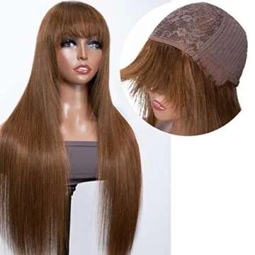 Beauty Forever Color Wig #4 Chocolate Brown Straight Human Hair Wigs with Bangs,Affordable Layer Cut Straight Glueless Dark Brown Full Machine Made None Lace Wig With Bangs 150% Density 20inch