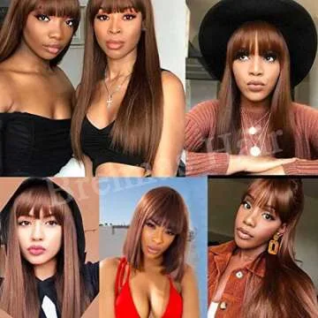 Beauty Forever Color Wig #4 Chocolate Brown Straight Human Hair Wigs with Bangs,Affordable Layer Cut Straight Glueless Dark Brown Full Machine Made None Lace Wig With Bangs 150% Density 20inch