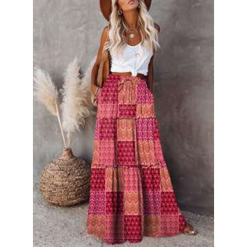 Happy Sailed Womens Retro Boho Printed High Waist Elastic Waist A Line Flowy Long Maxi Beach Skirts with Pockets Red Small