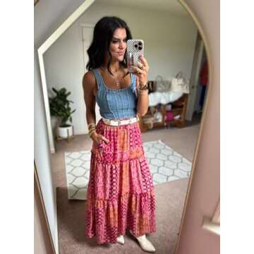 Happy Sailed Womens Retro Boho Printed High Waist Elastic Waist A Line Flowy Long Maxi Beach Skirts with Pockets Red Small