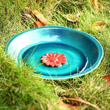 Topadorn Birdbath Ceramic Bowl Decor for Bee Bird Bath Outdoor Garden Vintage Yard,Blue with Red Flower